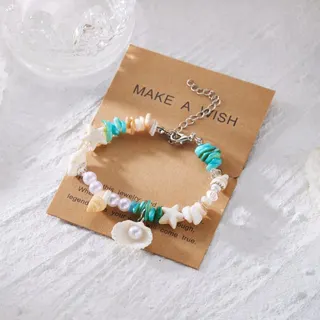 Ocean Shell Bead Bracelet with Pearl & Star Charm, Adjustable Turquoise Resin Beaded Bracelet for Women, Summer Beach Jewelry Gift