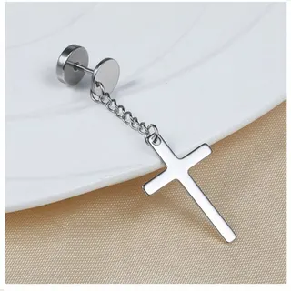 Single Cross Pendant Earring, Stainless Steel Mirror Polished Dumbbell Chain Ear Stud, Asymmetric Religious Style Long Dangle Earring, Hypoallergenic Tarnish-Free, Sold by 1 Piece