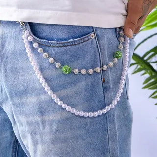 Hip Hop Rhinestone Pearl Belt Chain for Women Y2K Colorful Crystal & Fake Pearl Denim Waist Chain Alloy Gold Plated 51cm Streetwear Accessory