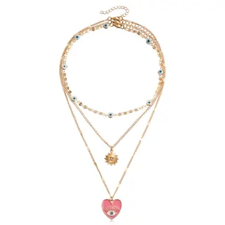 Layered Evil Eye Necklace for Women, 18K Gold Plated Alloy Multi-Chain Collarbone Necklace with Pink Heart & Sunburst Pendant, Adjustable Boho Lucky Charm Jewelry