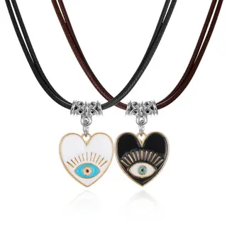 Heart Evil Eye Couple Necklace Set of 2, Bohemian Enamel Locket Pendant on Braided Cord, 18K Gold Plated Alloy, Adjustable 44+4cm, Black & White Lashes Blue Eye Charm for Women