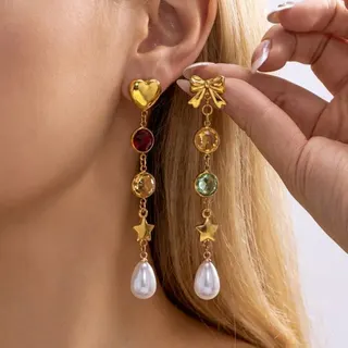 Sun & Moon Dangle Earrings - 18K Gold Plated Stainless Steel, Color Zircon Star & Pearl Drop Earrings, Bohemian Vintage Asymmetric Long Earrings for Women