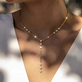 Y-Shape Necklace for Women, Round Zircon Paperclip Chain Drop Pendant, 18K Gold Plated Stainless Steel, Adjustable 45+5cm, Elegant Minimalist Clavicle Chain