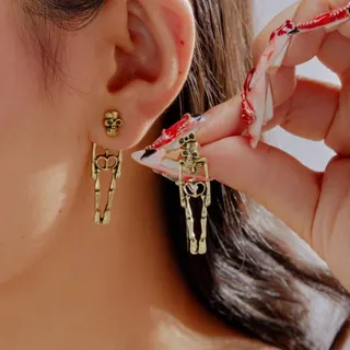 Vintage Two-Way Skull Skeleton Earrings, 18K Gold Plated Alloy, Gothic Punk Long Dangle Earrings with Bow & Heart Cutout, 4cm, Pair