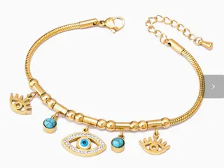 Evil Eye Bracelet for Women, 18K Gold Plated Stainless Steel, Rhinestone & Turquoise Eye Charm, Boho Lucky Snake Chain 18cm, Tarnish Free