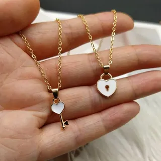 Couples Heart Lock & Key Necklace Set, Pink Enamel 18K Gold Plated Alloy Pendant Chain, 40+5cm Adjustable, Sweet Romantic Gift for Her