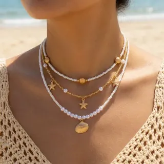 Boho Beach Shell Starfish Beaded Necklace Set of 3, Gold Pearl & Alloy Chain 35+8cm, Vacation Layering Jewelry for Women