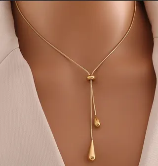 Y-Shape Water Drop Adjustable Lariat Necklace, Gold Plated Fine Chain Asymmetric Teardrop Pendant Necklace for Women, Elegant French Style Collarbone Chain
