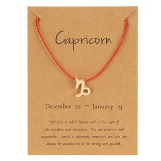 Capricorn Zodiac Necklace, Gold Plated Alloy Capricorn Symbol Pendant on Red Braided Cord, Adjustable 18-32cm, with Kraft Paper Zodiac Card, Lucky Birthday Gift