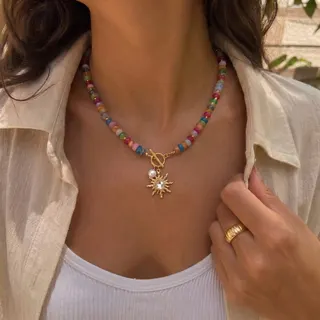 Boho Sun Pendant Beaded Necklace - Colorful Glass Beads with 18K Gold Plated Alloy Sun Charm, Zircon & Pearl Accent, OT Clasp, 50cm Summer Vacation Jewelry for Women