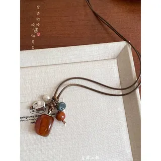 Tiger Eye Natural Stone Long Pendant Necklace, Handwoven Brown Cord with Pearl & Chalcedony Beads, Vintage Boho Zen Jewelry for Women, 60cm