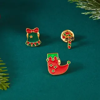 Christmas Enamel Pin Set of 3 - Reindeer, Bells & Santa Cartoon Alloy Brooch, Festive Holiday Jewelry for Sweater Backpack Gift