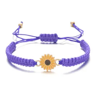 Handwoven Sunflower Daisy Bracelet, Adjustable Green Wax Cord with Gold-Plated Alloy Flower Charm, 16-28cm Friendship Bracelet for Women Girls