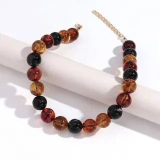 Vintage Beaded Necklace Women - Brown Tiger Eye & Amber Round Beads, Resin Natural-Stone Look, Boho Clavicle Chain with Gold Plated Clasp