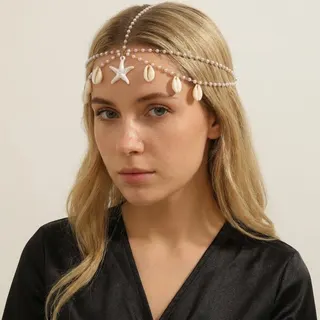 Boho Beach Starfish Shell Pearl Headband - Gold Alloy & Pearl Strand Forehead Chain, 57cm Vacation Wedding Bridesmaid Hair Accessory