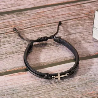 Cross Leather Bracelet - Silver Alloy Cross Pendant, Adjustable 16-28cm, Minimalist Vintage Unisex Woven Leather Bangle