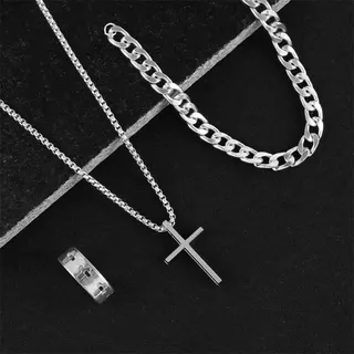 Black Cross Necklace Bracelet Ring 3-Piece Set, Matte Black Alloy Gothic Punk Jewelry, Cuban Link Bracelet + Cross Pendant Necklace + Chain Ring, Unisex Streetwear Accessories