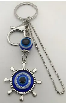 Nautical Ship Wheel Keychain, Evil Eye Blue Glass Charm, Alloy Key Ring Bag Pendant Car Hanging Ornament, Retro Protective Talisman Gift