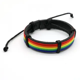 Rainbow Leather Woven Bracelet - Adjustable Genuine Cowhide Wristband with 5-Color Stripe, Unisex Street Style Beaded Knot Cuff, 18.5-26cm