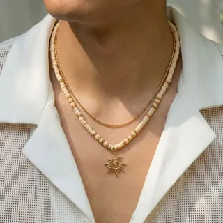 Boho Sun Pendant Necklace Set - Gold Alloy 18K Plated Wooden Bead Layered Necklace, 47+8cm, Vacation Beach Jewelry for Women