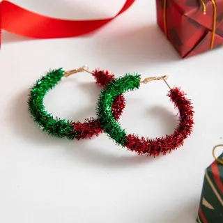 Christmas Bow Bell Drop Earrings - Alloy & Raffia Metal Wire Wreath with Holly Leaves & Gold Bells, Festive Red Green Gold Holiday Party Jewelry, 5.5x7.5cm, Pair