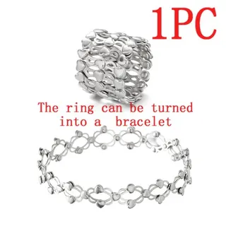 Heart Stretch Ring to Bracelet 2-in-1 Adjustable Open Bangle, White Gold Plated Copper, Mirror Polished Hollow Heart Design, 2-7cm Resizable, Women's Jewelry Gift