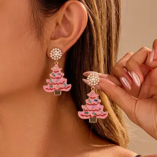 Christmas Tree Earrings Women Pink Enamel Dangle Earrings with Pearl Cluster & Colorful Rhinestones, Alloy Holiday Party Jewelry Gift, 5.5cm