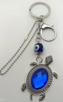 Blue Turtle Keychain with Evil Eye Bead, Alloy Sea Turtle Charm Pendant with Rhinestone Halo, Ocean Style Luggage Bag Keychain Accessory