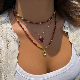 Vintage Beaded Necklace Set of 3 - Red Heart & Oval Pendant Layered Chain, 18K Gold Plated Alloy & Seed Beads, Boho Clavicle Necklace for Women