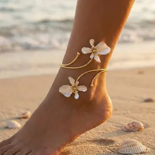 Boho Flower Ankle Bracelet, Pink Alloy 18K Gold Plated Open Adjustable Anklet, Beach Vacation Sandal Jewelry for Women