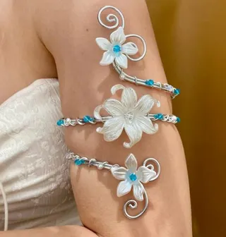 Gold Floral Arm Cuff Bracelet - 3D Acacia Flower & Pearl Vine Arm Chain, Vintage Boho Bridal Jewelry, Approx 9cm