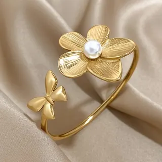 Vintage Flower Butterfly Bracelet, 18K Gold Plated Stainless Steel, Imitation Pearl Open Adjustable Bangle, French Chic Jewelry Gift for Women
