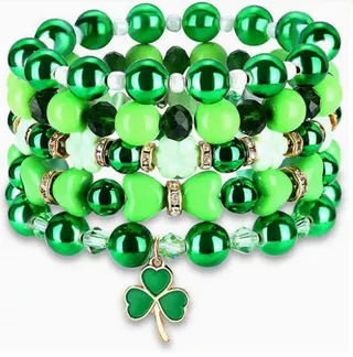Green Four Leaf Clover Bracelet Set 5pcs - Clay Heart Bead & Glass Bead Strand with Shamrock Charm, St. Patrick's Day Lucky Jewelry, 6cm