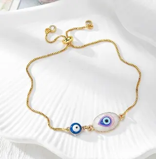 Nazar Blue Eye Bracelet for Women, Evil Eye Protection Charm, 18K Gold Plated Alloy, Adjustable Oval Double Pendant, Boho Vintage Jewelry