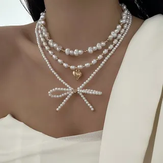French Sweet Heart Bow Baroque Pearl Necklace 3-Piece Layered Set, Gold Alloy + Pearl + CCB, Wedding Date Chic Choker Collarbone Chain
