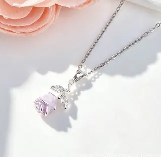 Rose Flower Necklace for Women, Zircon Inlay Clavicle Chain, Zinc Alloy Rhodium Plated Pendant, Purple 3D Enamel Rose, 40+5cm Adjustable, Gift for Her