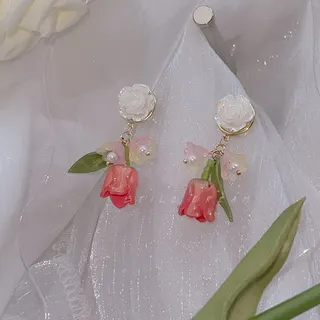 French Vintage Rose Flower Earrings, Pink Resin Dangle Earrings with Mother of Pearl & Pearl, Sweet Boho Floral Studs for Women