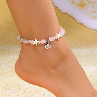 Clear Crystal Shell Starfish Ankle Bracelet - Beach Boho Foot Chain with Resin Starfish & Scallop Charm, Adjustable 20+5cm, Summer Vacation Jewelry for Women