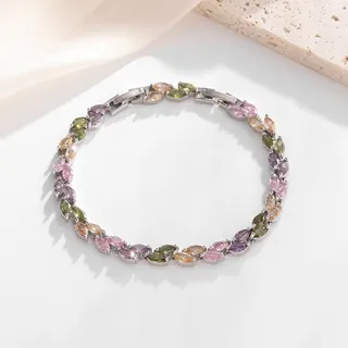 Multicolor Marquise Zircon Leaf Bracelet for Women, Rhinestone Electroplated Alloy Adjustable 17+3cm, Light Luxury Ins Style Gift Jewelry
