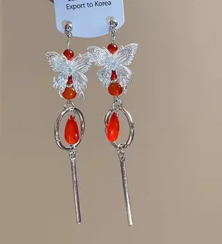 Bohemian Butterfly Tassel Earrings, Vintage Silver Alloy with Red Garnet Beads, Long Dangle Ethnic Earrings for Women