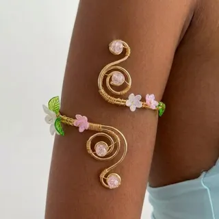 Floral Pearl Arm Cuff Bracelet - Bohemian Vine Wrap Design, Gold Plated Iron with Acrylic Flowers & Faux Pearls, Adjustable Open Bangle, Summer Vacation Jewelry for Women