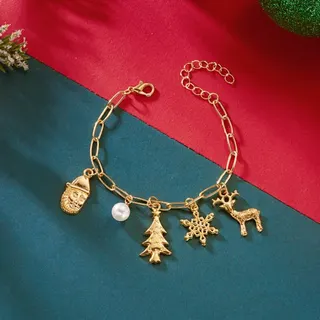 Christmas Tree Snowflake Reindeer Necklace for Women, Gold Alloy with Pearl, Holiday Party Jewelry, 50+8cm Adjustable Chain, Festive Gift