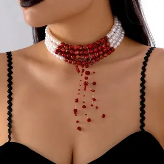 Halloween Vintage Blood Drop Tassel Pearl Layered Necklace, Red Crystal Dangle Choker Collar, Gothic Dark Luxury Clavicle Chain 33+8cm