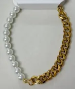 Vintage Pearl Bracelet with 18K Gold Plated Cuban Chain, Mixed Bead & Chunky Link Jewelry for Women, Tarnish Resistant