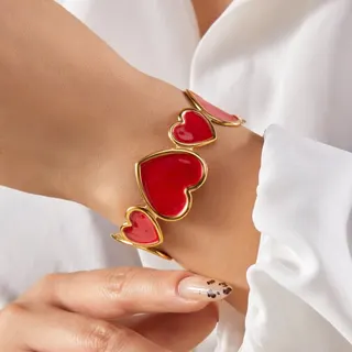 Pink Enamel Heart Bracelet for Women, Stainless Steel 18K Gold Plated Drip-Color Multi-Heart Bangle, Hypoallergenic Sweet Cute Jewelry Gift