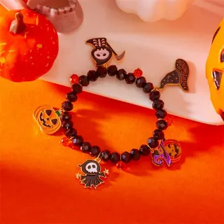Halloween Beaded Bracelet - Pumpkin Spider Witch Hat Bat Charm Crystal Bracelet, Alloy + Crystal, Festive Party Jewelry, Approx 18cm