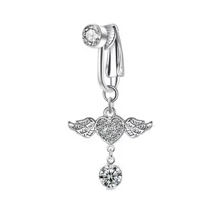 Angel Wings Rhinestone Belly Button Ring, Heart Shaped Navel Piercing Clip-On, Silver White Crystal Body Jewelry, No-Puncture Belly Ring for Women