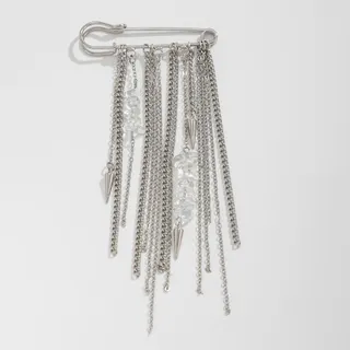 Y2K Punk Tassel Safety Pin Brooch, Silver Metal Chain Hem Decorative Clip with Crystal Beads & Spike Charms, Versatile Streetwear Accessory 6x14cm