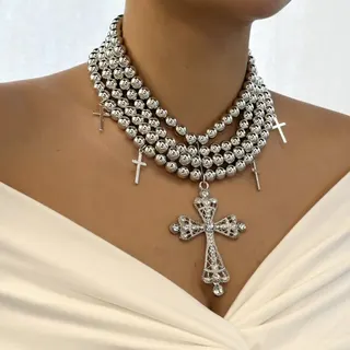 Gold Multi-Strand Cross Necklace with Rhinestone Pendant, Hollow Engraved Religious Statement Choker, 40+8cm Layered Bead Chain for Women