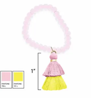 Macaron Pink & Yellow Tassel Bead Charm - Glass Bead Loop with Double Tassel Pendant, DIY Jewelry & Bag Accessory, 1pc